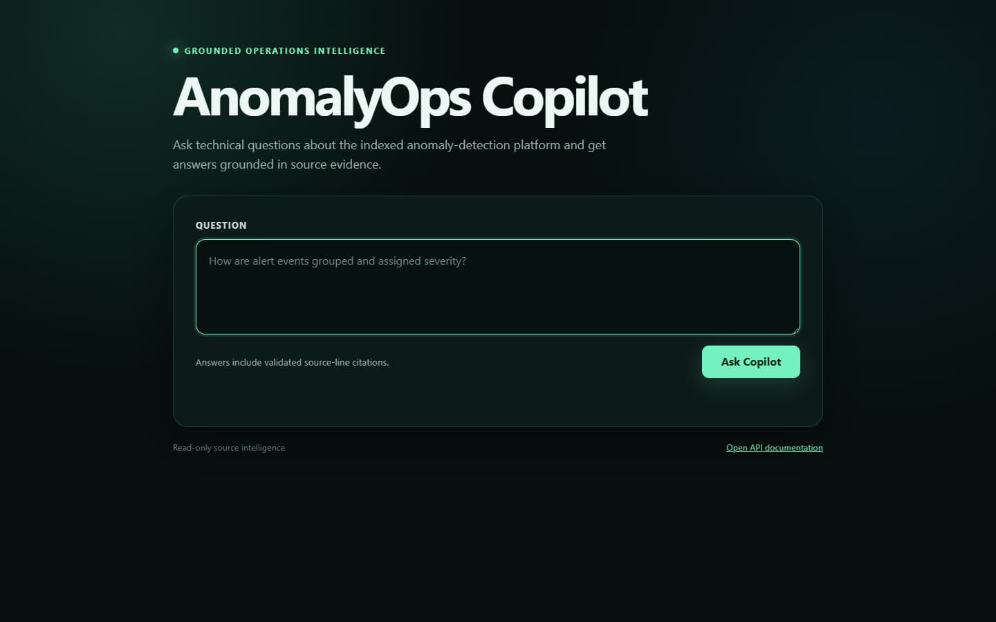 AnomalyOps Copilot question form with a prompt about grouping alert events and a button to ask for a cited answer.